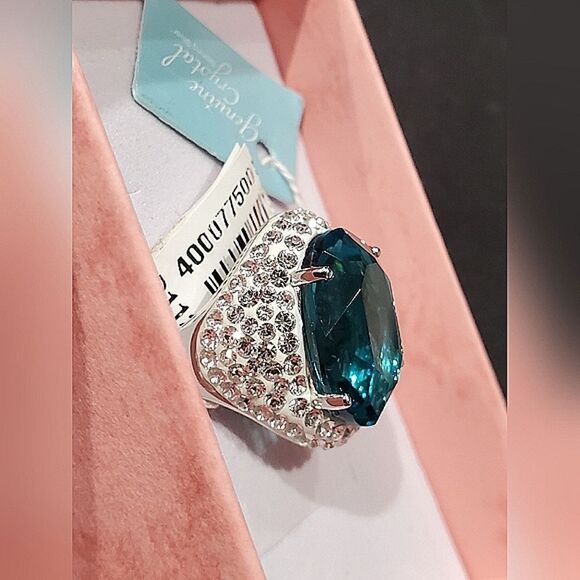 NWT VTG 925 Sterling Silver Aqua Topaz and Genuine Crystals Ring Size 7 - Picture 3 of 7